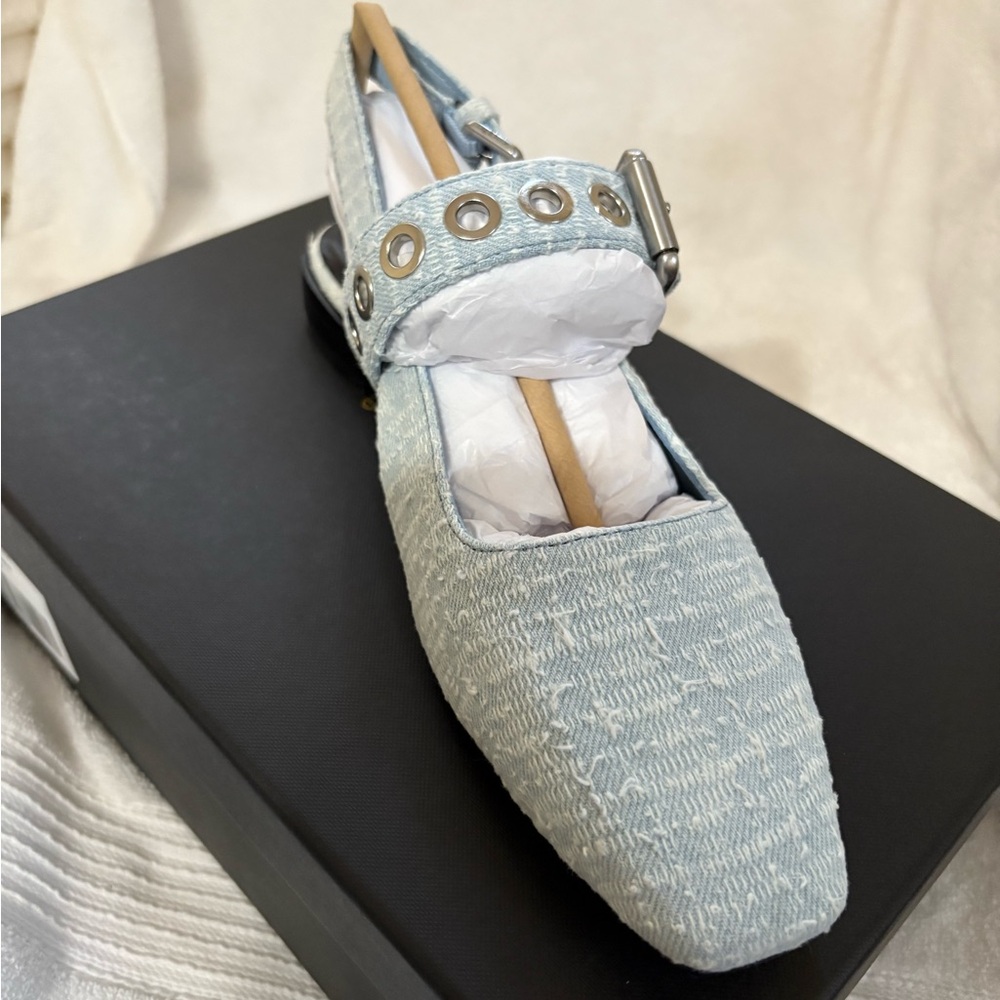 NWT RAG &BONE MOTO ASTRA SLINGBACK SIZE 7.5. COLOR SKUY LIGHT BLUE DENIN TWEED.